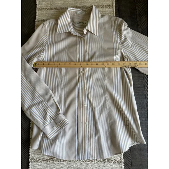 SOLD Orvis Wrinkle Free 100% Cotton Beige White Stripe Button Front Shirt Women - Picture 4 of 5